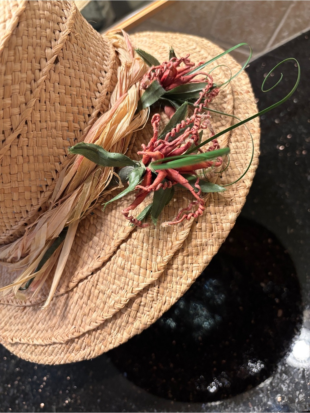April Cornell Natural Straw Hat with Pink Floral and Raffia Accents - Picture 8 of 10